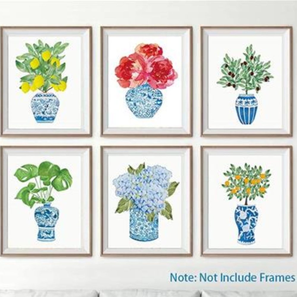 Chinoiserie Plant Wall Art Prints 6 Floral Chinese Blue White Vase Unframed
